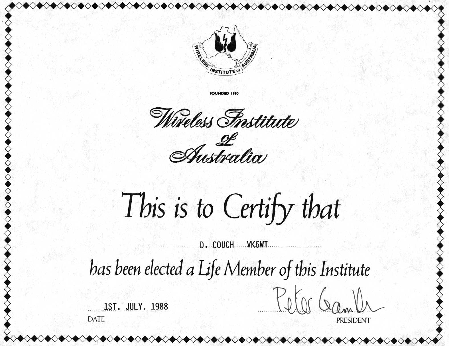 David Couch WIA Life Membership Certificate 1988