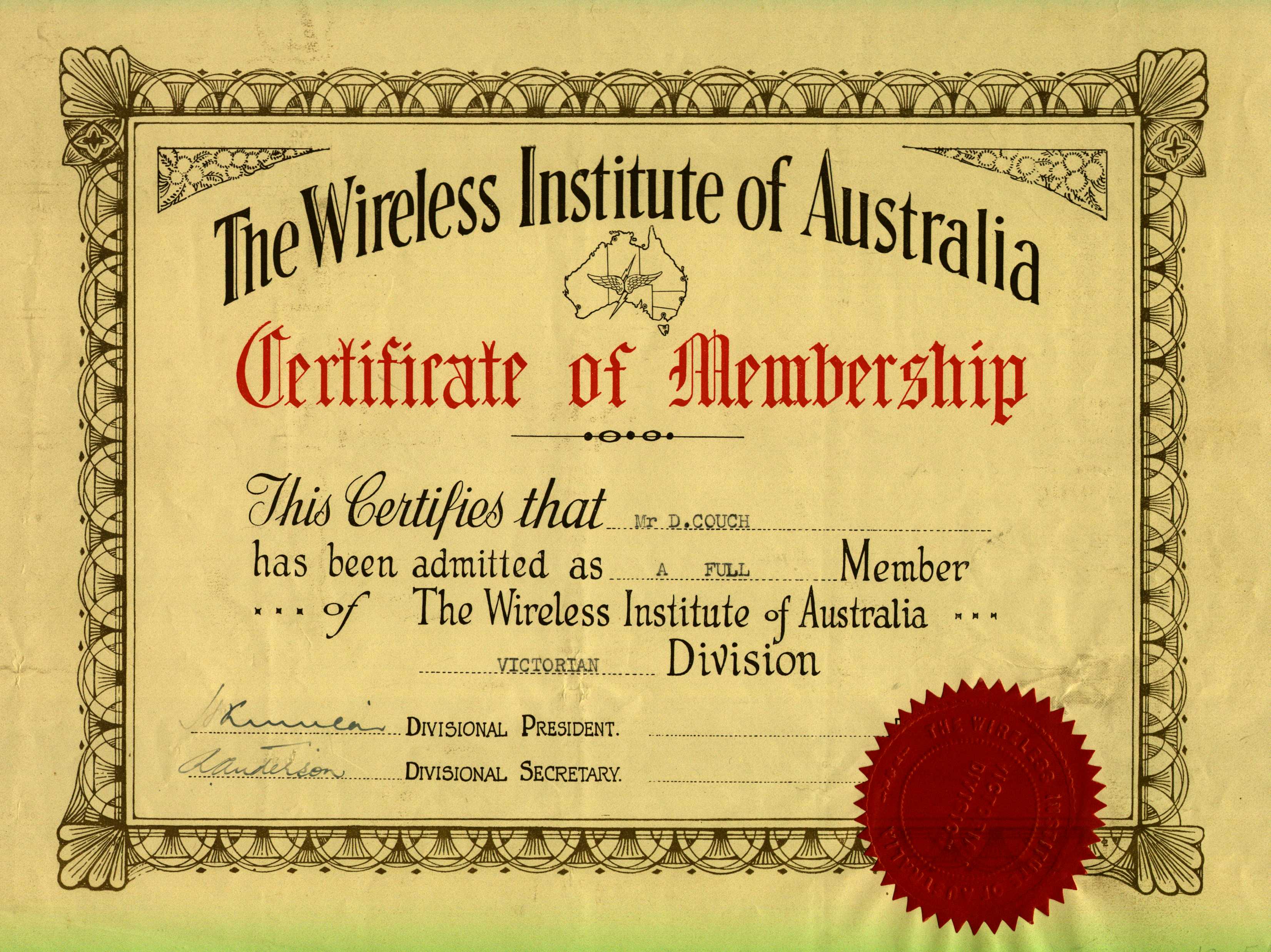 David Couch WIA VIC Membership Certificate