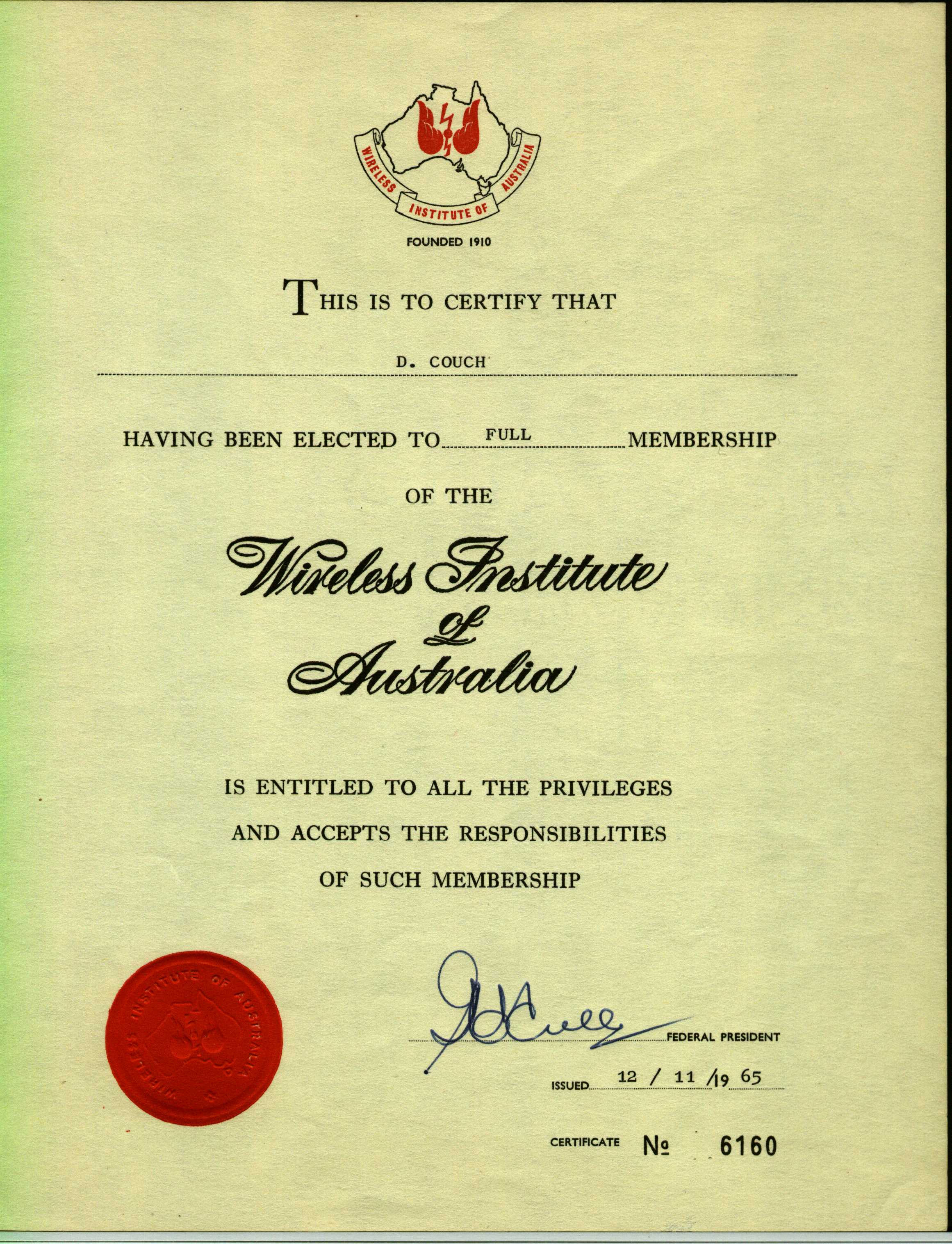 David Couch WIA WA Membership Certificate 1965