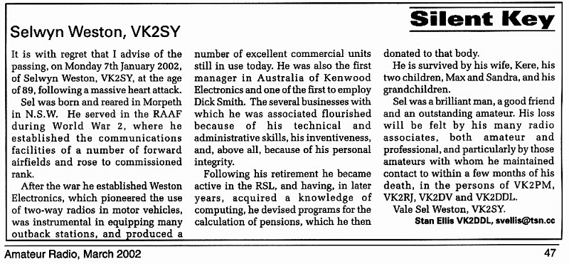 VK2SY - Selwyn H. 'Sel' Weston