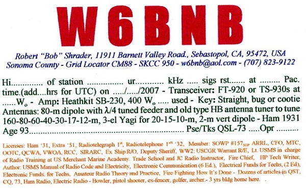 W6BNB - Robert L. Shrader W6BNB - Robert L. Shrader